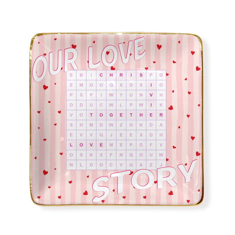 Custom Square Ceramic Ring Dish - Our Love Word Search | Shopify Product Personalizer