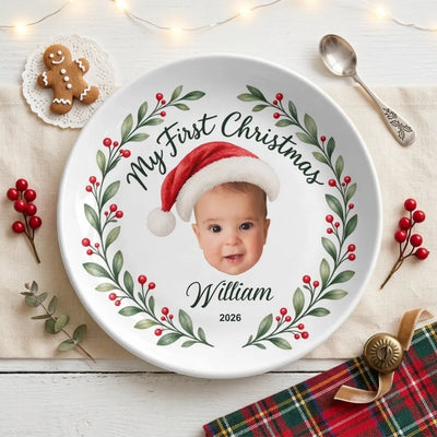 Custom My First Christmas Face Cut Photo Ceramic Round Plate | Shopify Product Personalizer