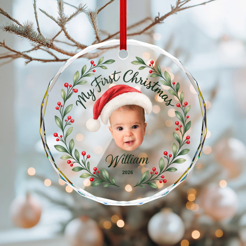 Custom My First Christmas Face Cut Photo Glass Ornament | Shopify Product Personalizer