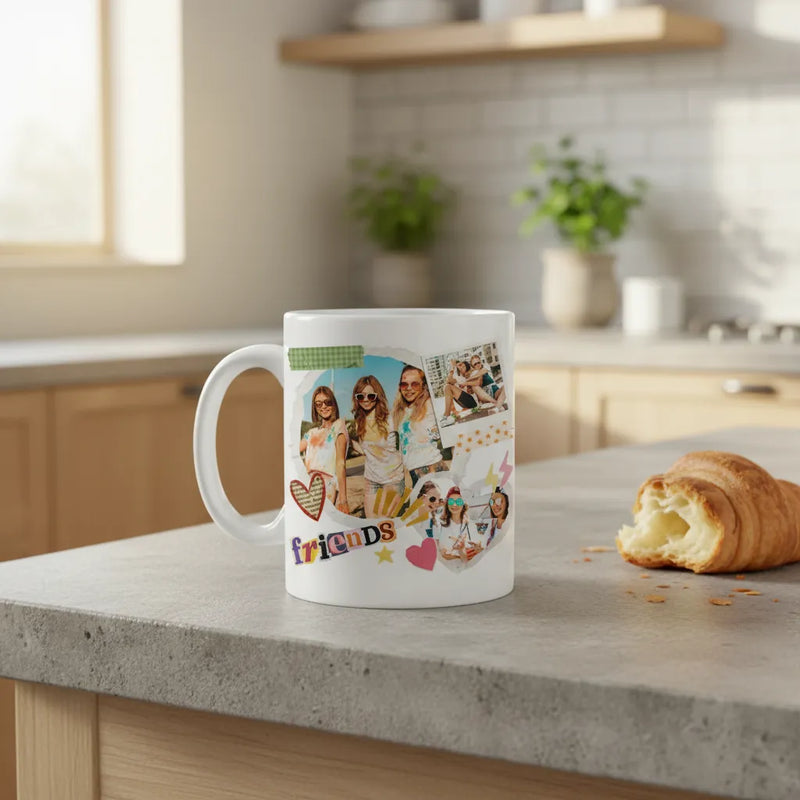 Personalized Friends Photo Mug – Custom 3-Photo Scrapbook Collage