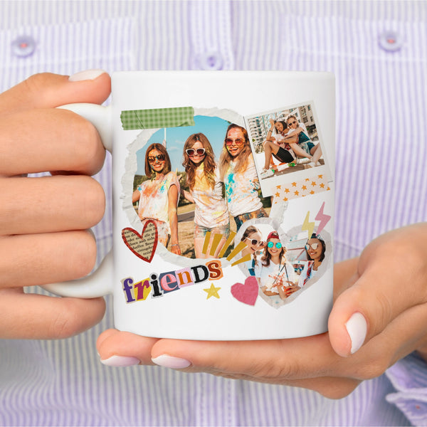 Personalized Friends Photo Mug – Custom 3-Photo Scrapbook Collage ...