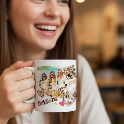Personalized Friends Photo Mug – Custom 3-Photo Scrapbook Collage