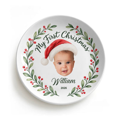 Custom My First Christmas Face Cut Photo Ceramic Round Plate | Shopify Product Personalizer