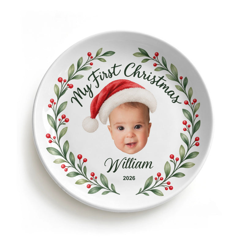 Custom My First Christmas Face Cut Photo Ceramic Round Plate | Shopify Product Personalizer