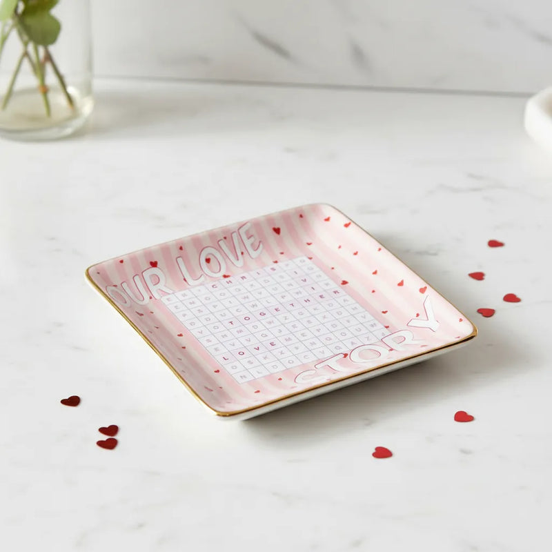 Custom Square Ceramic Ring Dish - Our Love Word Search | Shopify Product Personalizer