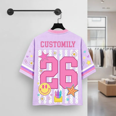 Custom Striped Neon Back To School Smiley Mesh Jersey | Shopify Product Personalizer