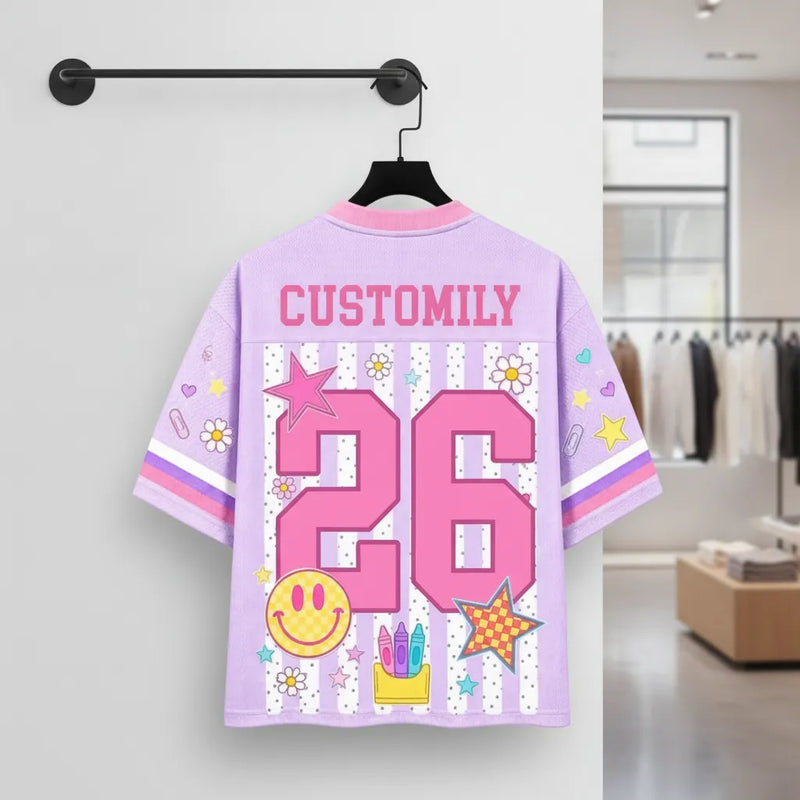 Custom Striped Neon Back To School Smiley Mesh Jersey | Shopify Product Personalizer