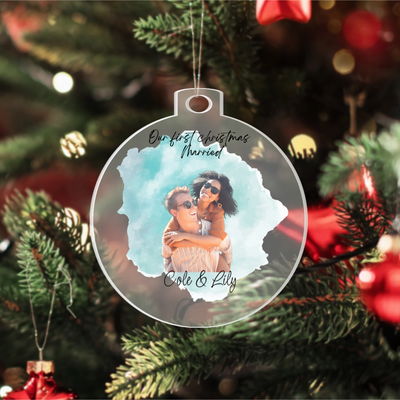 Custom Acrylic Ornament Watercolor Photo - Our First Christmas Married