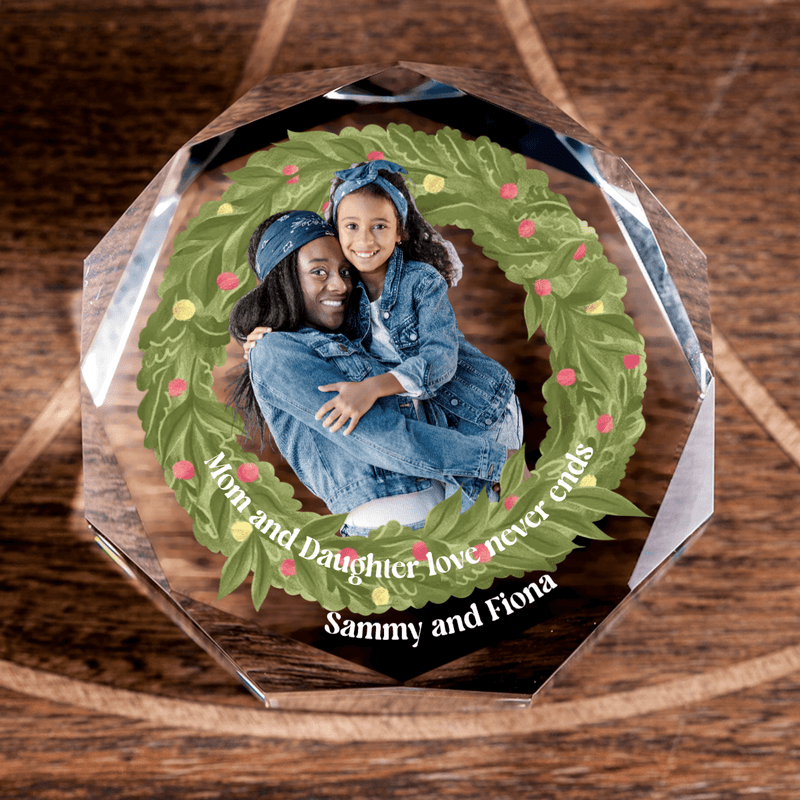 Custom Photo Wreath Faceted Crystal Puck - Christmas Time