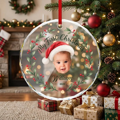 Custom My First Christmas Face Cut Photo Glass Ornament | Shopify Product Personalizer